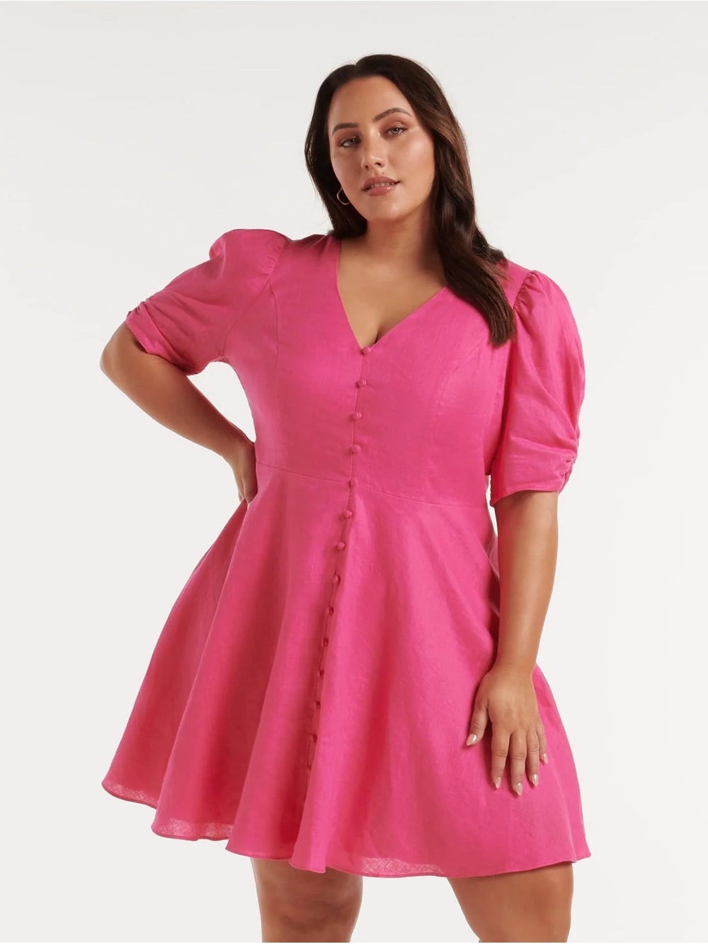 EVER NEW ROWAN CURVE LINEN MINI DRESS Hot Pink V-Neck Button-From Size 12